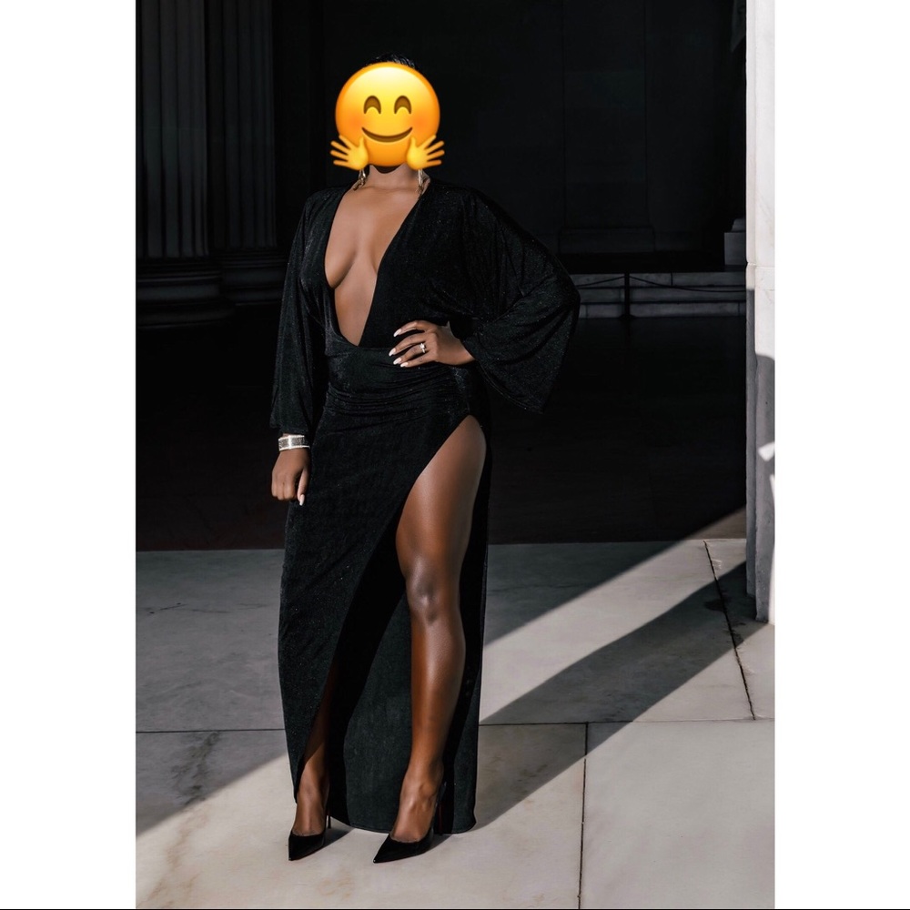 Black Deep Plunge High Slit Dress